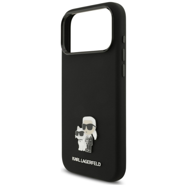 Karl Lagerfeld silikoninis Choupette metalinis pin dėklas, skirtas iPhone 18 Pro Max / 17 Pro Max, juodas aprašymas - Prekės nuotrauka