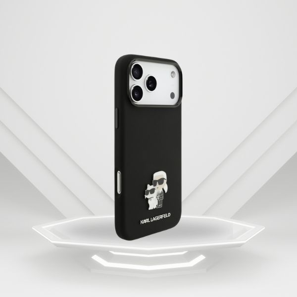 Karl Lagerfeld silikoninis Choupette metalinis pin dėklas, skirtas iPhone 18 Pro Max / 17 Pro Max, juodas aprašymas - Prekės nuotrauka