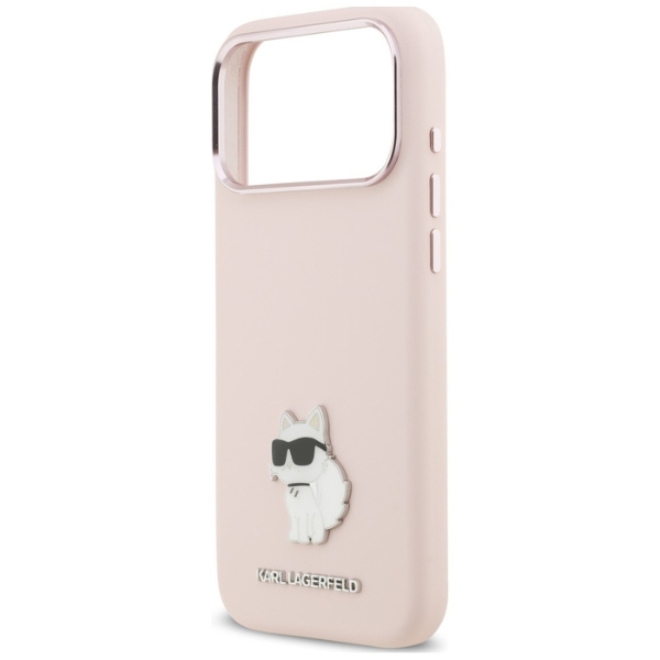 Karl Lagerfeld silikoninis Choupette metalinis kaištis dėklas, skirtas iPhone 18 Pro Max / 17 Pro Max, rožinis aprašymas - Prekės nuotrauka