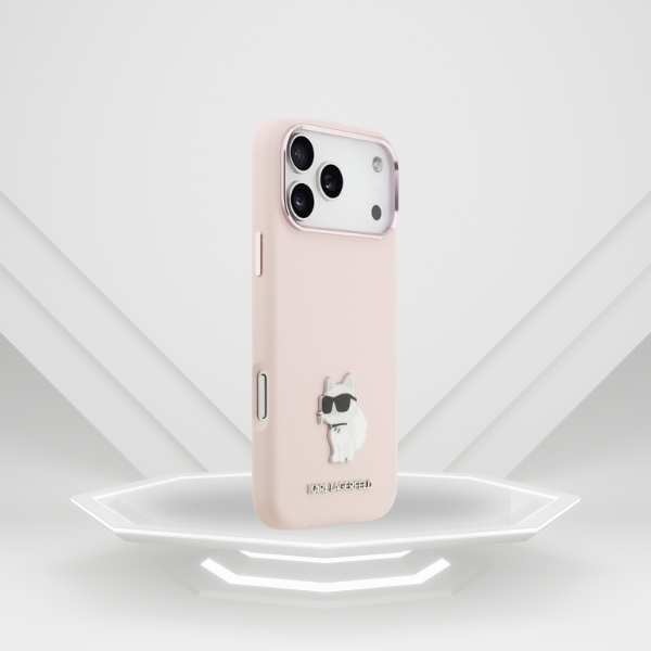 Karl Lagerfeld silikoninis Choupette metalinis kaištis dėklas, skirtas iPhone 18 Pro Max / 17 Pro Max, rožinis aprašymas - Prekės nuotrauka