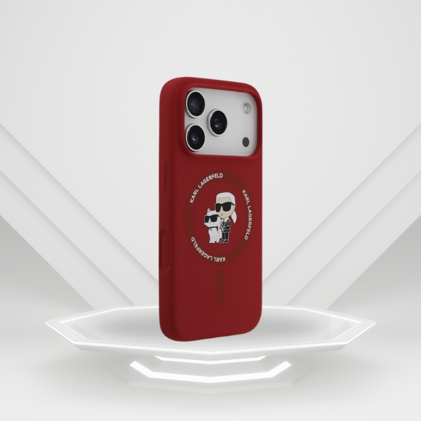 Karl Lagerfeld silikoninis Karl&Choupette žiedinis MagSafe dėklas, skirtas iPhone 18 Pro / 17 Pro, raudonas aprašymas - Prekės nuotrauka