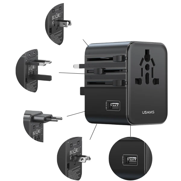Kelioninis įkroviklis Adapteris USAMS CC308 2xUSB-C 17W 4in1 US/AU/EU/UK juodos spalvos aprašymas - Prekės nuotrauka Kelioninis įkroviklis Adapteris USAMS CC308 2xUSB-C 17W 4in1 US/AU/EU/UK juodos spalvos aprašymas - Prekės nuotrauka
