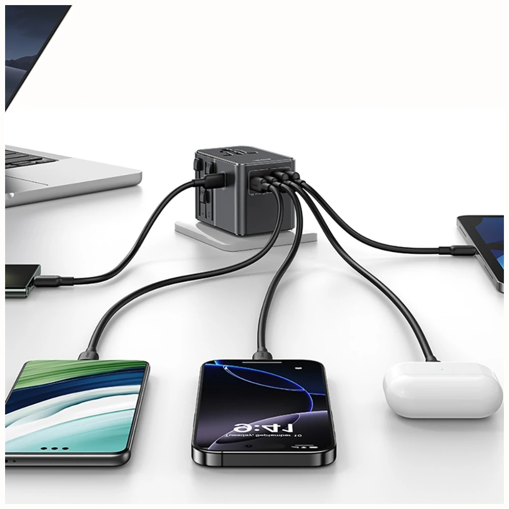 Kelioninis įkroviklis Adapteris USAMS CC310 3xUSB-C 70W 4in1 US/AU/EU/UK juodos spalvos aprašymas - Prekės nuotrauka