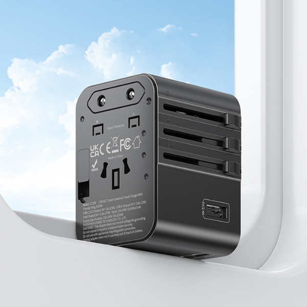 kelioninis įkroviklis USAMS CC308 2xUSB-C 17W 4in1 US/AU/EU/UK juodos spalvos aprašymas - Prekės nuotrauka