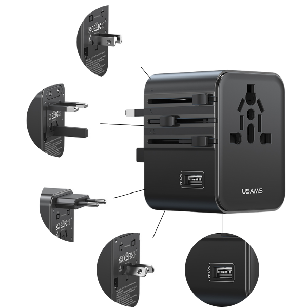 kelioninis įkroviklis USAMS CC308 2xUSB-C 17W 4in1 US/AU/EU/UK juodos spalvos aprašymas - Prekės nuotrauka