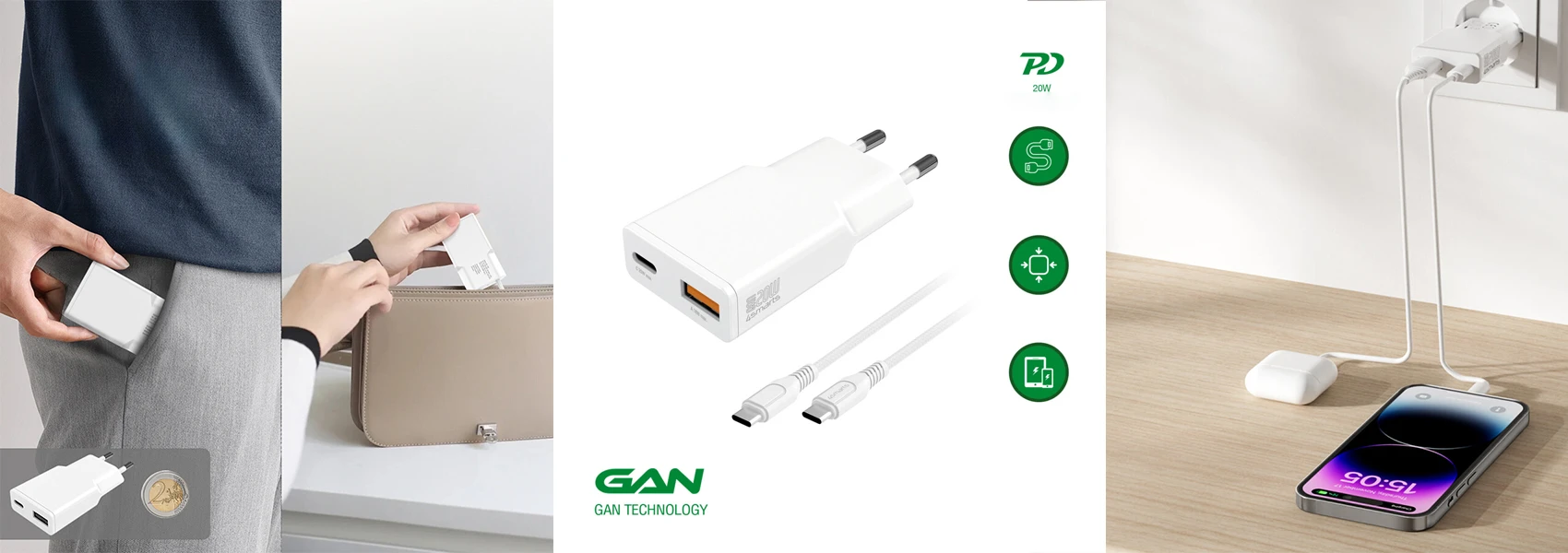 Laidinis įkroviklis 4smarts FlatPlug Duos 20W GaN USB-C + USB-A baltos spalvos aprašymas - Prekės nuotrauka Laidinis įkroviklis 4smarts FlatPlug Duos 20W GaN USB-C + USB-A baltos spalvos aprašymas - Prekės nuotrauka