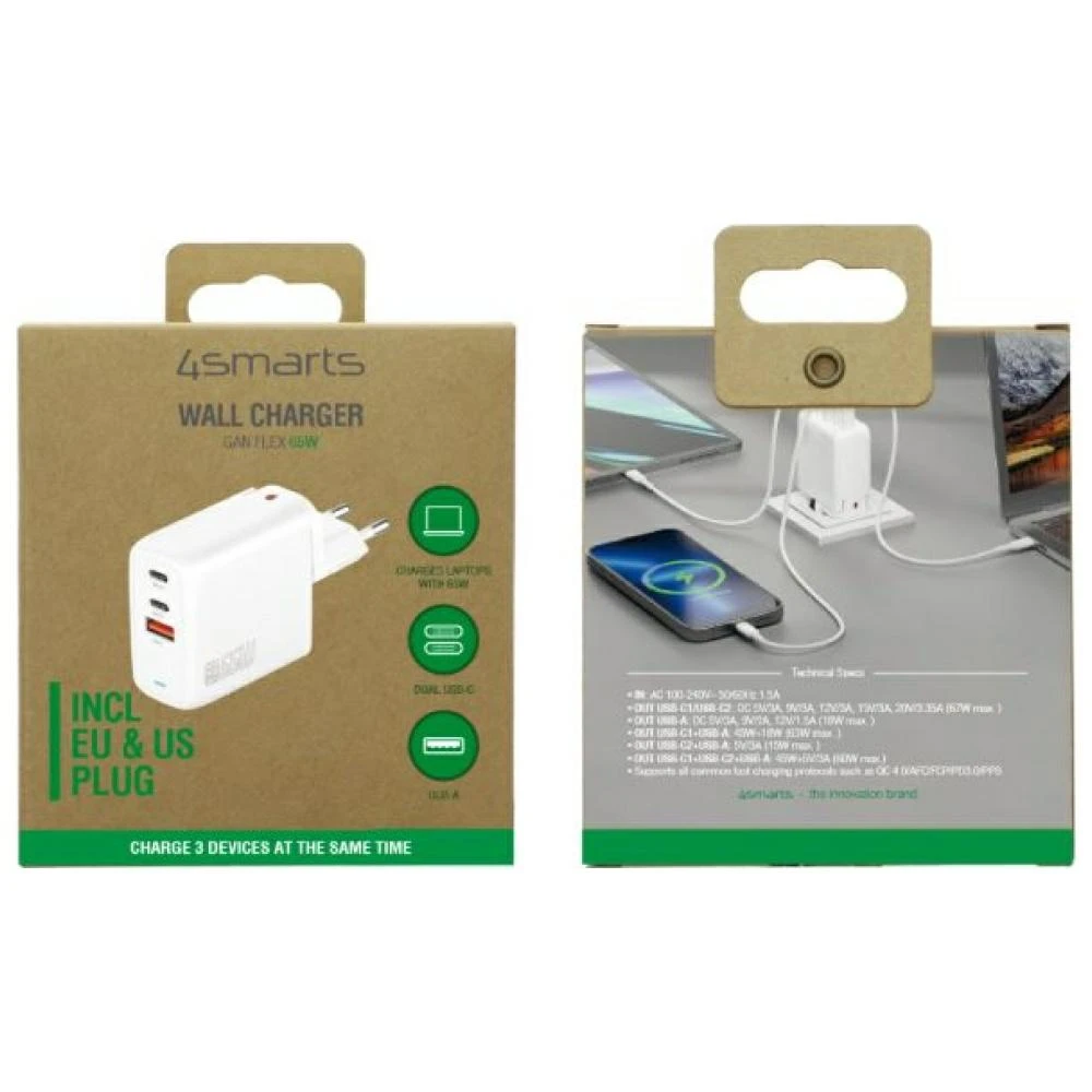 4Smarts įkroviklis GaN Flex 65W 2 USB-C+1 USB-A baltas aprašymas - Prekės nuotrauka 4Smarts įkroviklis GaN Flex 65W 2 USB-C+1 USB-A baltas aprašymas - Prekės nuotrauka