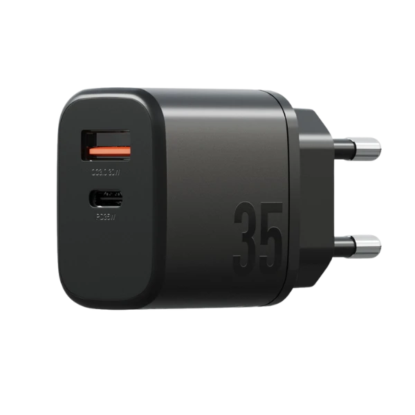 Energea Laidinis įkroviklis Bazic Goport Velox Kit 1xUSB-C 1xUSB-A GaN 35W su pintu kabeliu juodos spalvos aprašymas - Prekės nuotrauka
