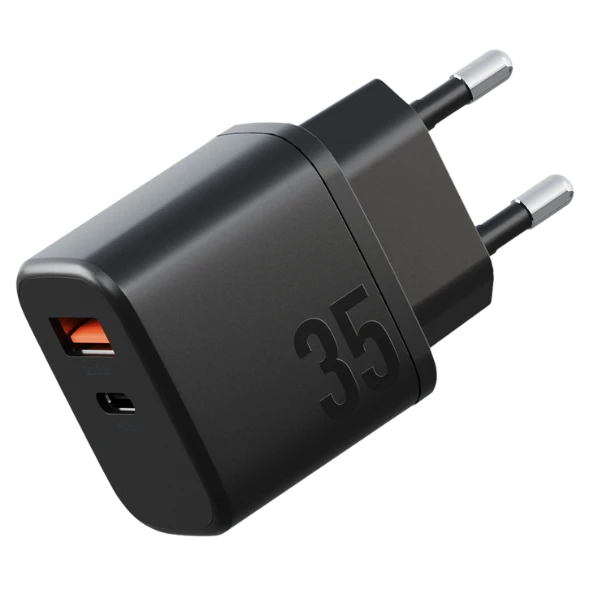 Energea Laidinis įkroviklis Bazic Goport Velox Kit 1xUSB-C 1xUSB-A GaN 35W su pintu kabeliu juodos spalvos aprašymas - Prekės nuotrauka