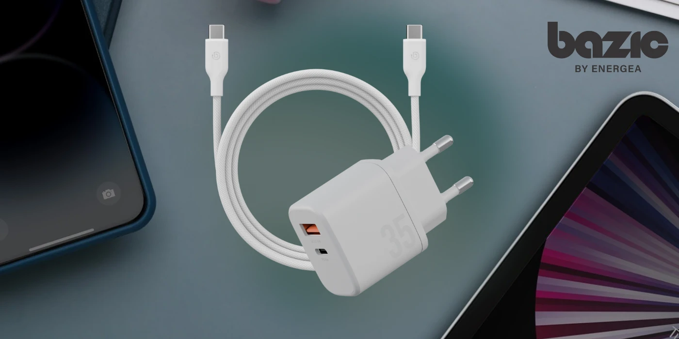 Energea Laidinis įkroviklis Bazic Goport Velox Kit 1xUSB-C 1xUSB-A GaN 35W su pintu kabeliu baltos spalvos aprašymas - Prekės nuotrauka