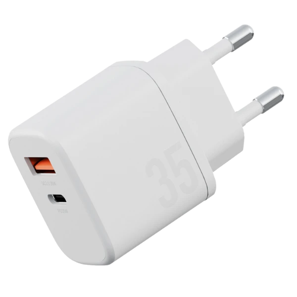 Energea Laidinis įkroviklis Bazic Goport Velox Kit 1xUSB-C 1xUSB-A GaN 35W su pintu kabeliu baltos spalvos aprašymas - Prekės nuotrauka