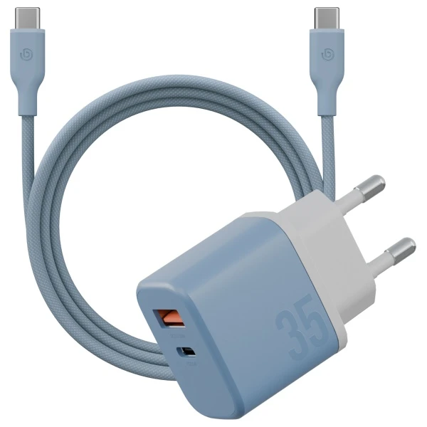 Energea laidinis įkroviklis Bazic GoPort Velox Kit USB-C/USB-A GaN 35W su kabeliu mėlynas aprašymas - Prekės nuotrauka