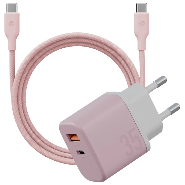 Energea laidinis įkroviklis Bazic GoPort Velox Kit USB-C/USB-A GaN 35W su kabeliu pink aprašymas - Prekės nuotrauka