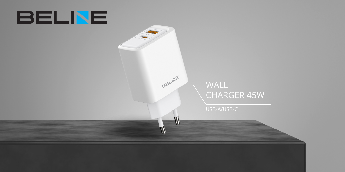 Laidinis įkroviklis Beline 45W USB-A/USB-C BLN2CW45 baltos spalvos aprašymas - Prekės nuotrauka Laidinis įkroviklis Beline 45W USB-A/USB-C BLN2CW45 baltos spalvos aprašymas - Prekės nuotrauka