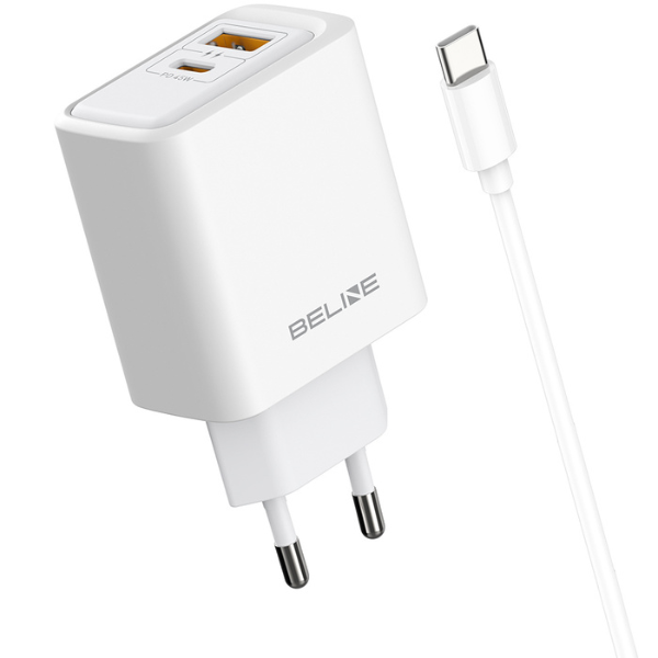 Laidinis įkroviklis Beline 45W USB-A/USB-C + cable USB-C BLN2CW45C baltos spalvos aprašymas - Prekės nuotrauka