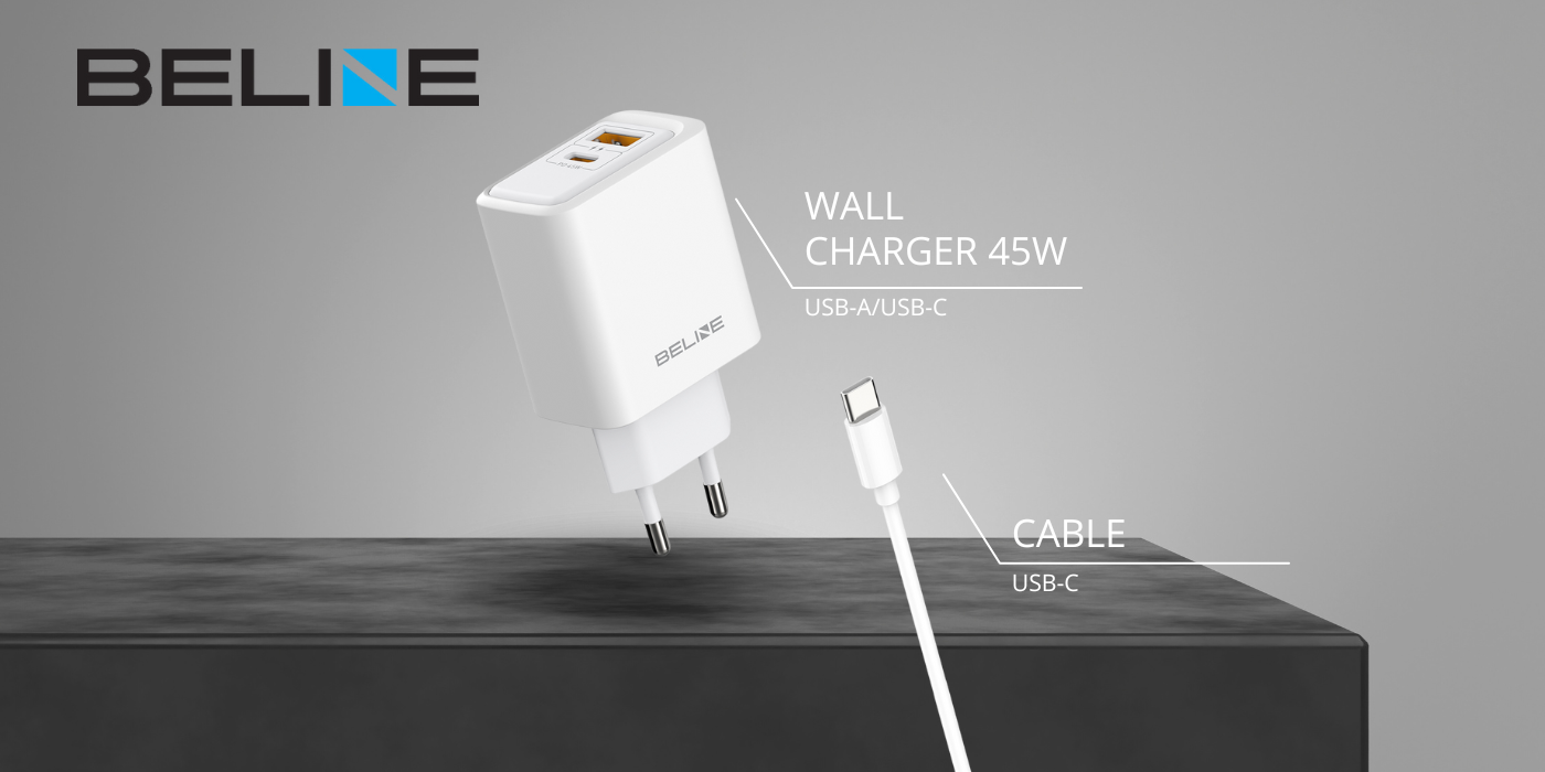 Laidinis įkroviklis Beline 45W USB-A/USB-C + cable USB-C BLN2CW45C baltos spalvos aprašymas - Prekės nuotrauka