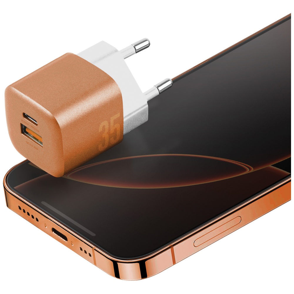 Laidinis įkroviklis Energea Ampcharge GaN35 USB-C/USB-A PD/PPS/QC3.0 35W oranžinis aprašymas - Prekės nuotrauka