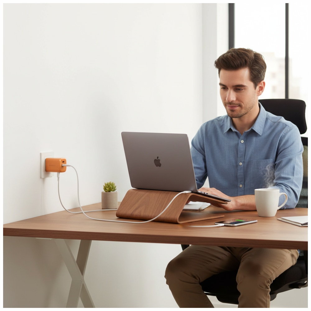 Laidinis įkroviklis Energea Ampcharge GaN35 USB-C/USB-A PD/PPS/QC3.0 35W oranžinis aprašymas - Prekės nuotrauka