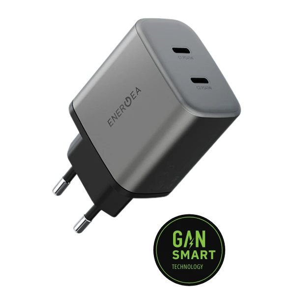 Laidinis įkroviklis Energea Ampcharge GaN45 2xUSB-C PD/PPS/QC3.0 45W pilkos spalvos aprašymas - Prekės nuotrauka Laidinis įkroviklis Energea Ampcharge GaN45 2xUSB-C PD/PPS/QC3.0 45W pilkos spalvos aprašymas - Prekės nuotrauka