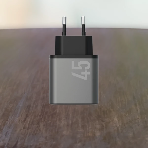 Laidinis įkroviklis Energea Ampcharge GaN45 2xUSB-C PD/PPS/QC3.0 45W pilkos spalvos aprašymas - Prekės nuotrauka Laidinis įkroviklis Energea Ampcharge GaN45 2xUSB-C PD/PPS/QC3.0 45W pilkos spalvos aprašymas - Prekės nuotrauka