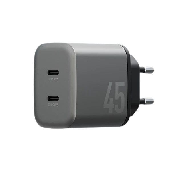 Laidinis įkroviklis Energea Ampcharge GaN45 2xUSB-C PD/PPS/QC3.0 45W pilkos spalvos aprašymas - Prekės nuotrauka Laidinis įkroviklis Energea Ampcharge GaN45 2xUSB-C PD/PPS/QC3.0 45W pilkos spalvos aprašymas - Prekės nuotrauka