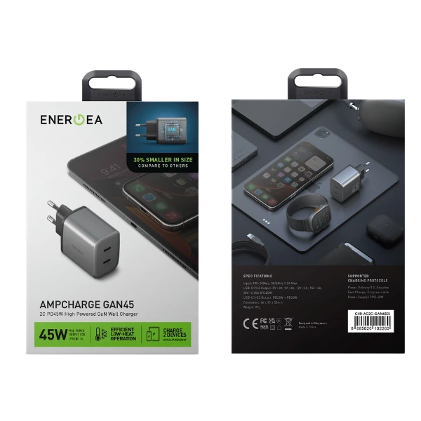 Laidinis įkroviklis Energea Ampcharge GaN45 2xUSB-C PD/PPS/QC3.0 45W pilkos spalvos aprašymas - Prekės nuotrauka Laidinis įkroviklis Energea Ampcharge GaN45 2xUSB-C PD/PPS/QC3.0 45W pilkos spalvos aprašymas - Prekės nuotrauka