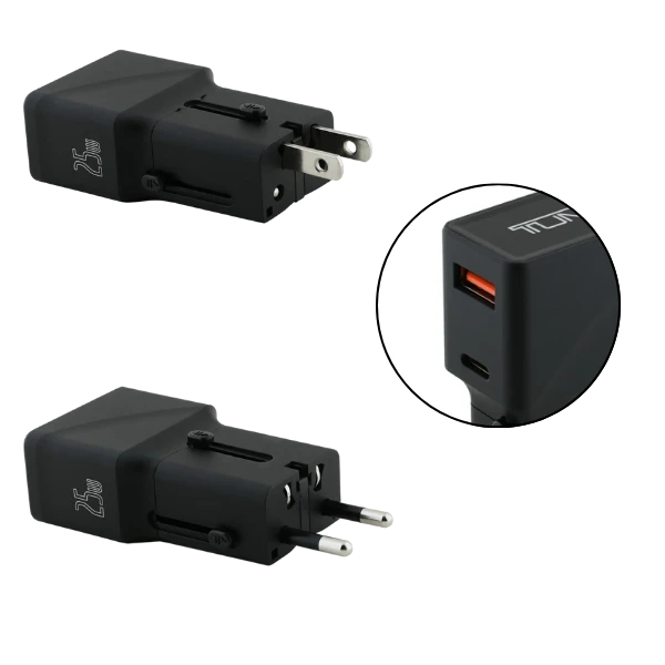 Laidinis įkroviklis TUMI Travel Adapteris 25W USB-C / USB-A juodo spalvos aprašymas - Prekės nuotrauka