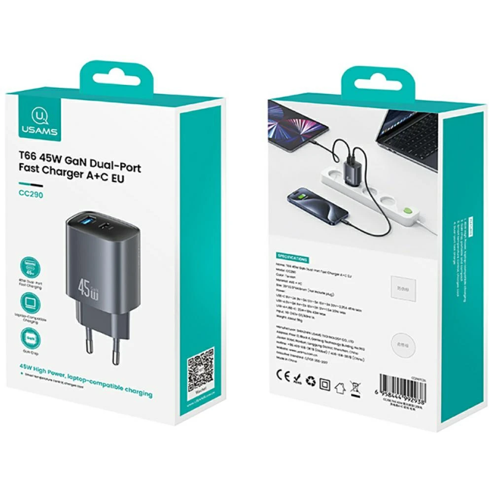 Laidinis įkroviklis USAMS CC290 T66 45W GaN 1xUSB-A 1xUSB-C tarnish aprašymas - Prekės nuotrauka Laidinis įkroviklis USAMS CC290 T66 45W GaN 1xUSB-A 1xUSB-C tarnish aprašymas - Prekės nuotrauka