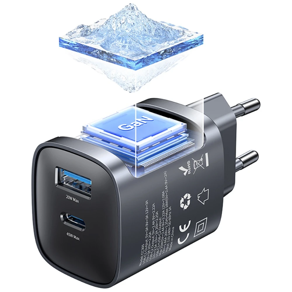 Laidinis įkroviklis USAMS CC290 T66 45W GaN 1xUSB-A 1xUSB-C sidabro spalvos aprašymas - Prekės nuotrauka Laidinis įkroviklis USAMS CC290 T66 45W GaN 1xUSB-A 1xUSB-C sidabro spalvos aprašymas - Prekės nuotrauka