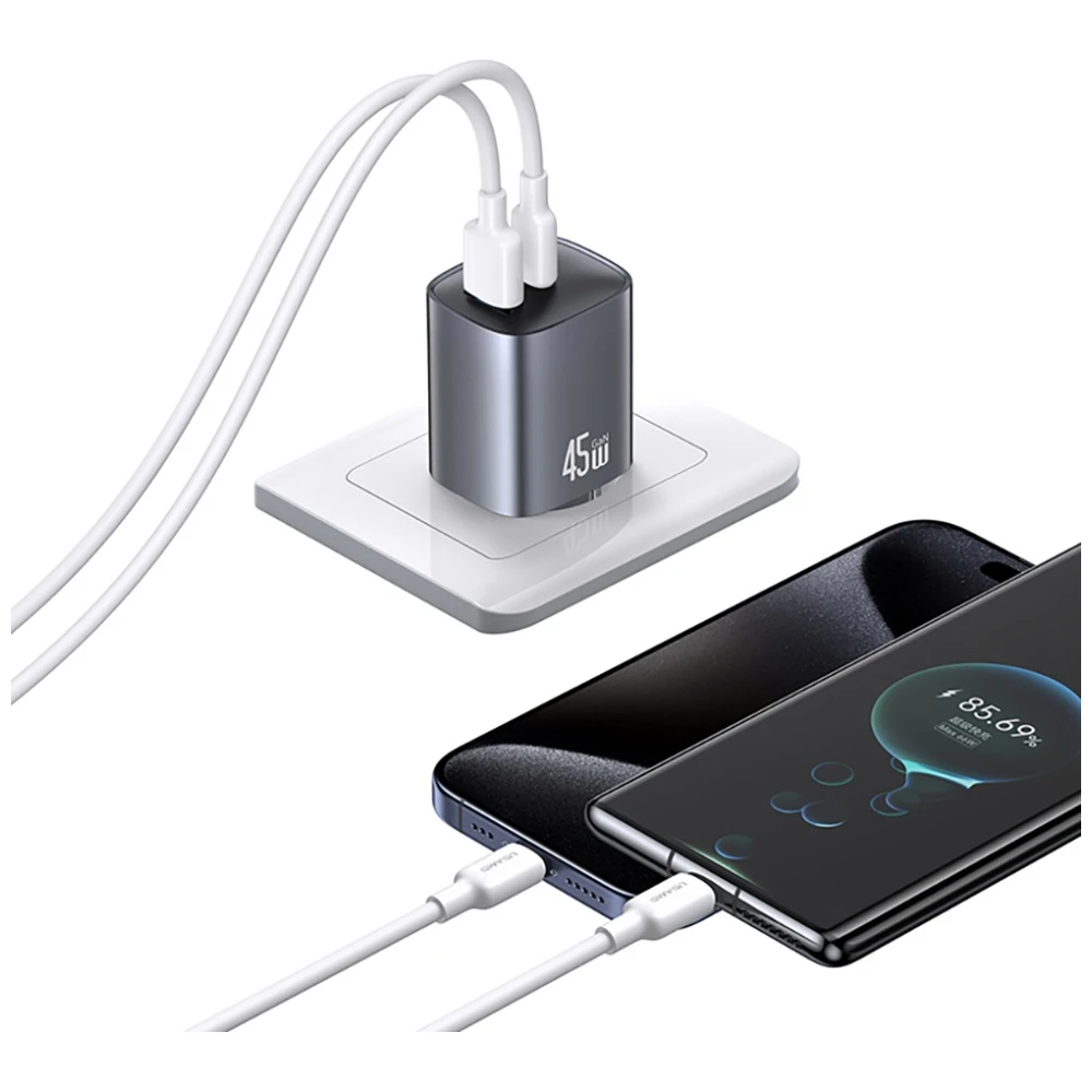 Laidinis įkroviklis USAMS CC290 T66 45W GaN 1xUSB-A 1xUSB-C sidabro spalvos aprašymas - Prekės nuotrauka Laidinis įkroviklis USAMS CC290 T66 45W GaN 1xUSB-A 1xUSB-C sidabro spalvos aprašymas - Prekės nuotrauka