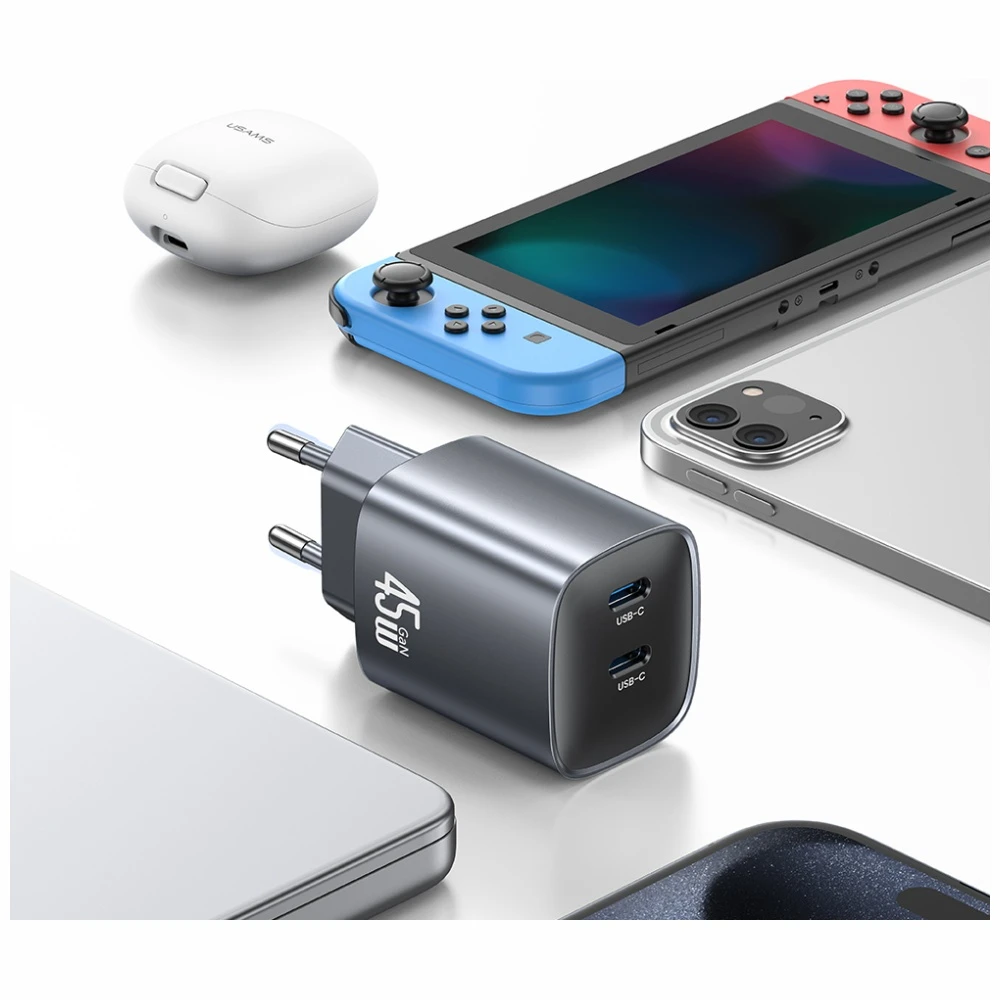 Laidinis įkroviklis USAMS CC305 T66 45W GaN 2xUSB-C tarnish aprašymas - Prekės nuotrauka Laidinis įkroviklis USAMS CC305 T66 45W GaN 2xUSB-C tarnish aprašymas - Prekės nuotrauka