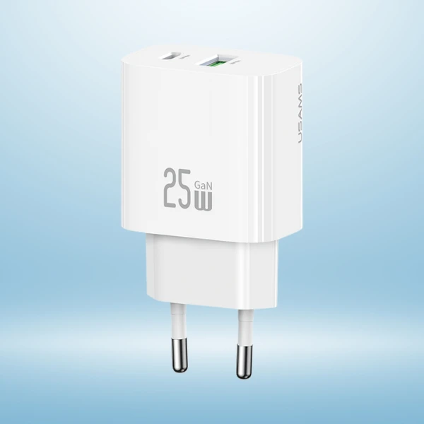 Laidinis įkroviklis USAMS CC315 T65 25W 1xUSB-C 1xUSB-A Fast Charging baltos spalvos aprašymas - Prekės nuotrauka