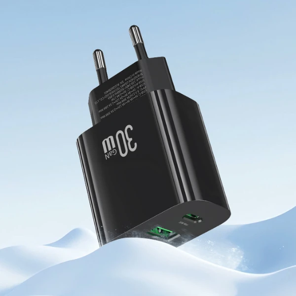 Laidinis įkroviklis USAMS CC316 T65 30W 1xUSB-C 1xUSB-A Fast Charging juodos spalvos aprašymas - Prekės nuotrauka