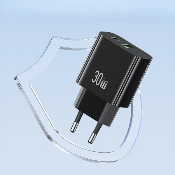 Laidinis įkroviklis USAMS CC316 T65 30W 1xUSB-C 1xUSB-A Fast Charging juodos spalvos aprašymas - Prekės nuotrauka