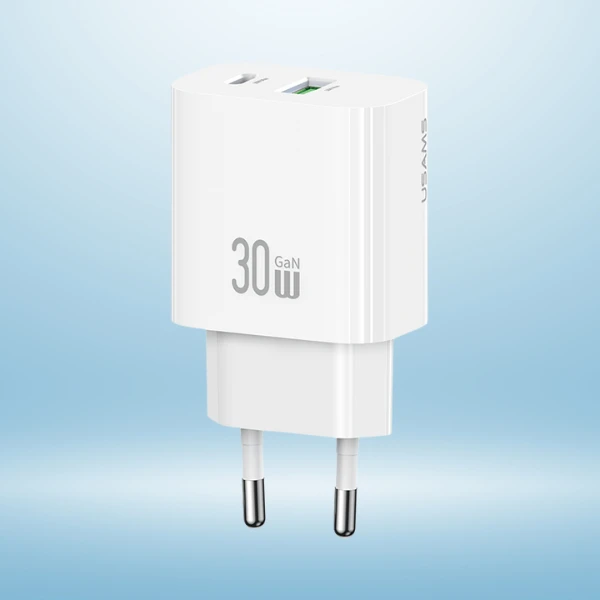 Laidinis įkroviklis USAMS CC316 T65 30W 1xUSB-C 1xUSB-A Fast Charging baltos spalvos aprašymas - Prekės nuotrauka