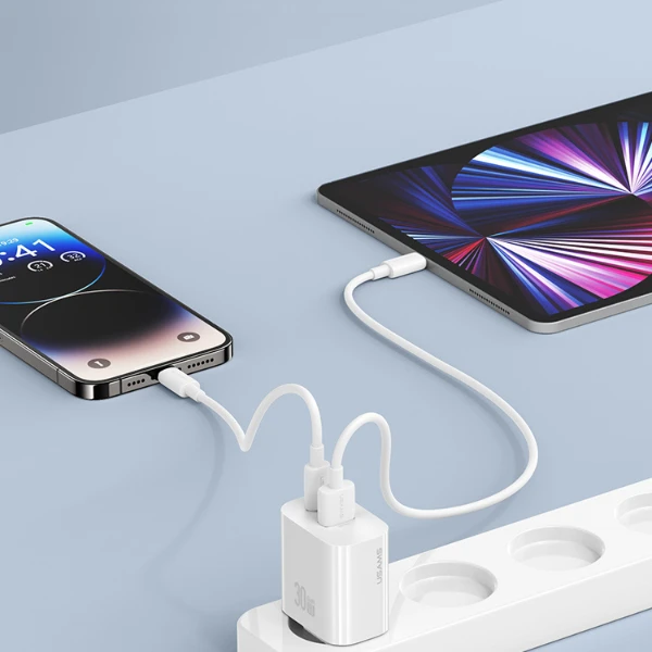 Laidinis įkroviklis USAMS CC316 T65 30W 1xUSB-C 1xUSB-A Fast Charging baltos spalvos aprašymas - Prekės nuotrauka