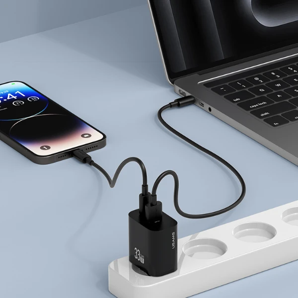 Laidinis įkroviklis USAMS CC317 T65 33W 1xUSB-C 1xUSB-A Fast Charging juodos spalvos aprašymas - Prekės nuotrauka