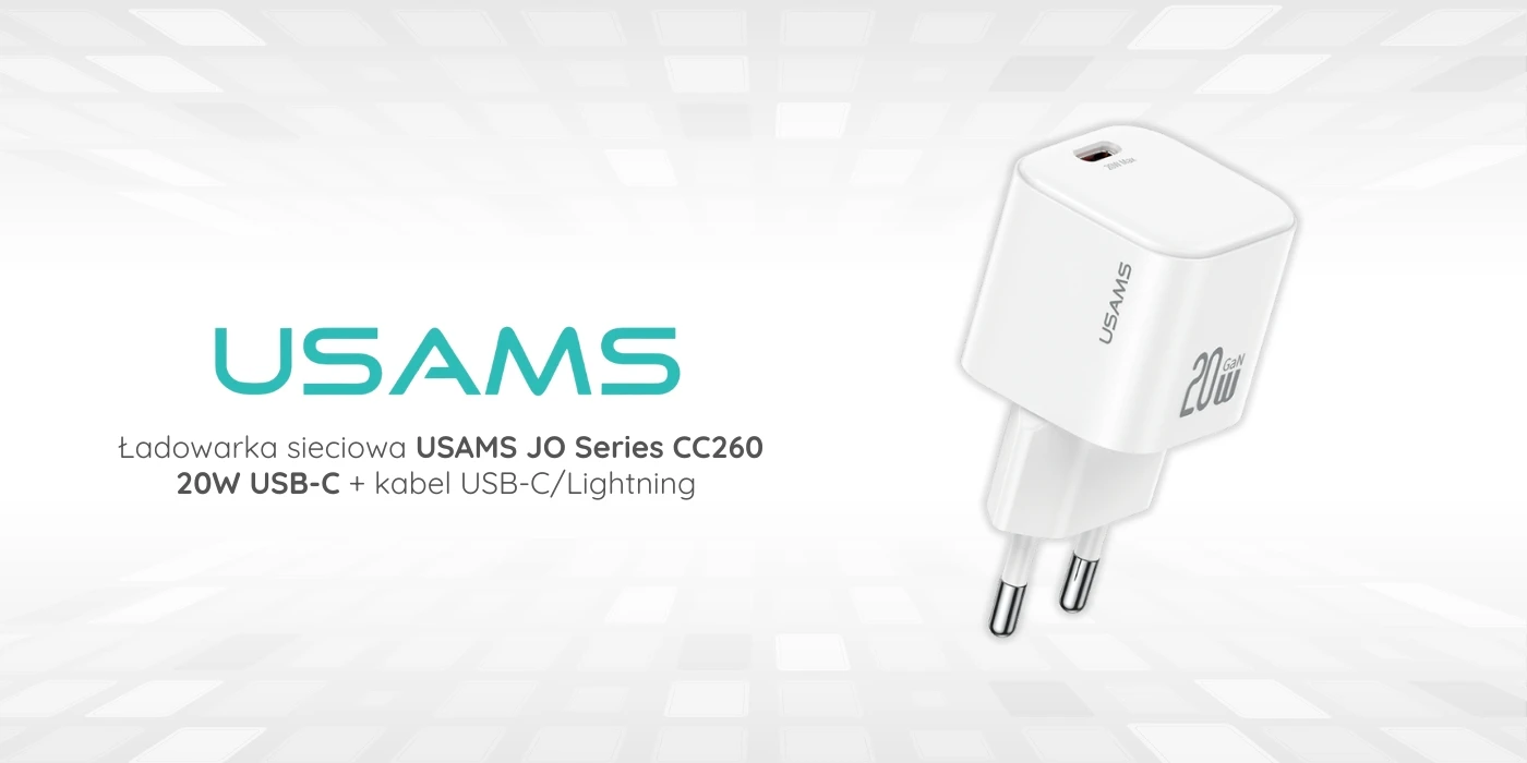 Laidinis įkroviklis USAMS JO Series CC260 20W USB-C + 1m USB-C/Lightning kabelis baltos spalvos aprašymas - Prekės nuotrauka