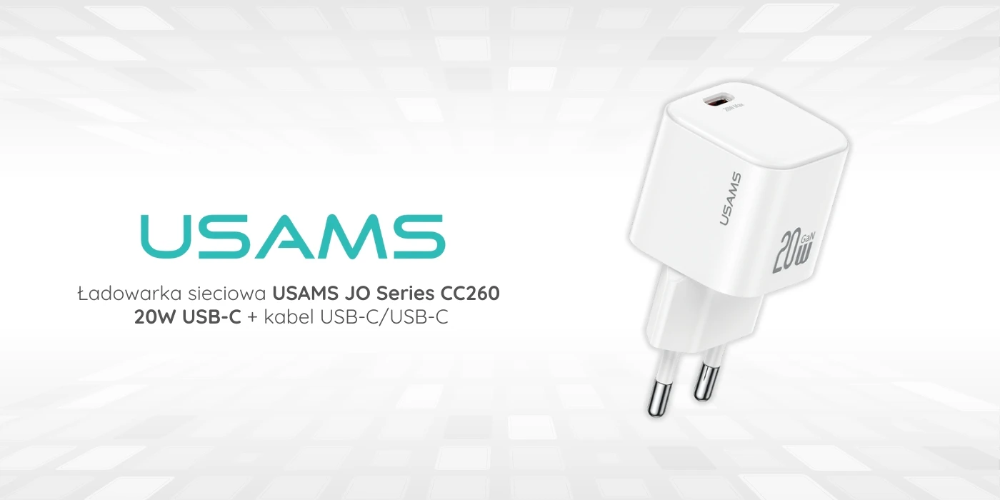 Laidinis įkroviklis USAMS JO Series CC260 20W USB-C + 1m USB-C/USB-C kabelis baltos spalvos aprašymas - Prekės nuotrauka Laidinis įkroviklis USAMS JO Series CC260 20W USB-C + 1m USB-C/USB-C kabelis baltos spalvos aprašymas - Prekės nuotrauka