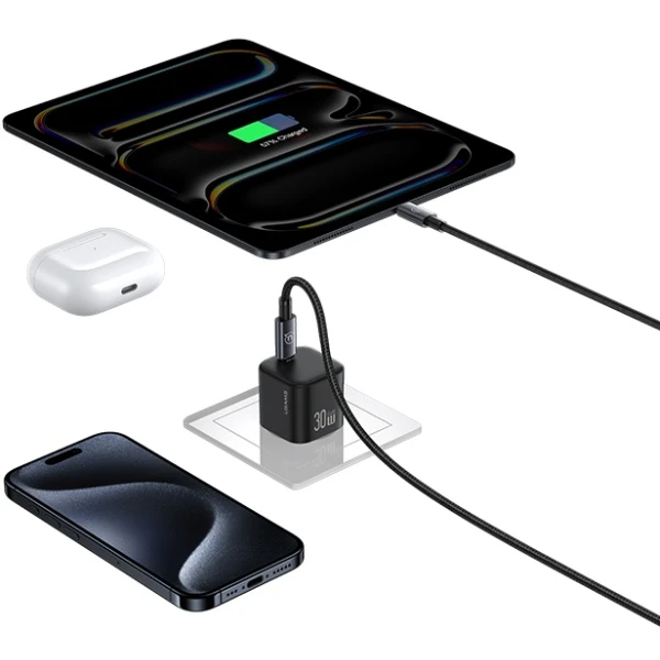 Laidinis įkroviklis USAMS JO Series CC262 30W USB-C + 1m USB-C/Lightning kabelis baltos spalvos aprašymas - Prekės nuotrauka Laidinis įkroviklis USAMS JO Series CC262 30W USB-C + 1m USB-C/Lightning kabelis baltos spalvos aprašymas - Prekės nuotrauka