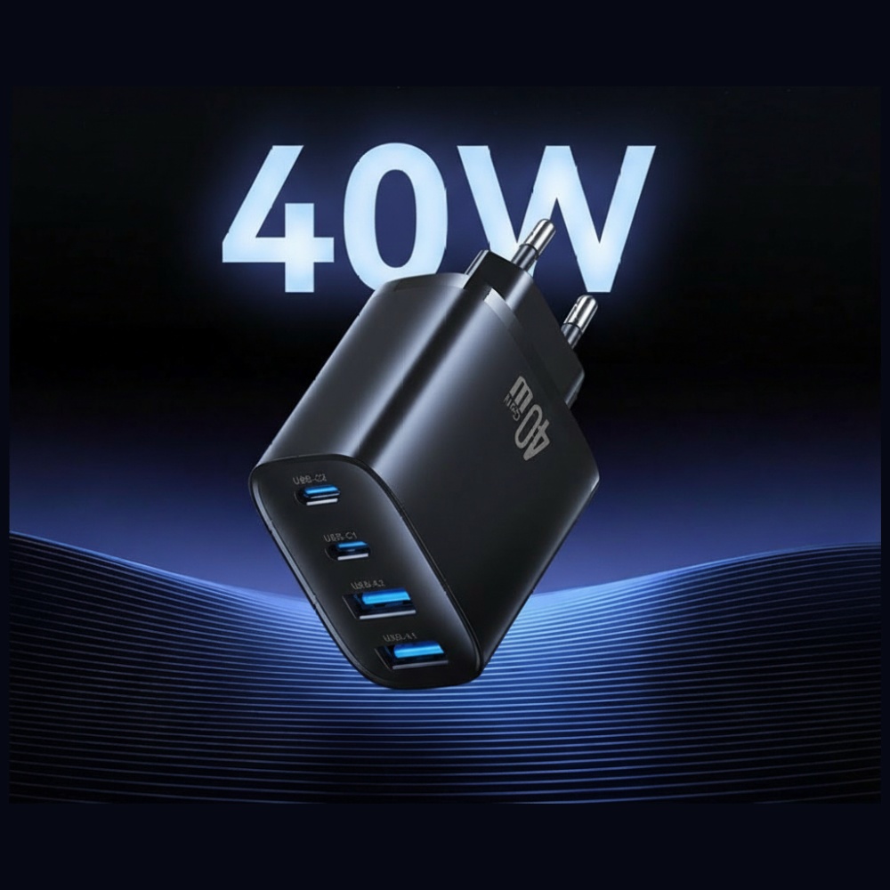 Laidinis įkroviklis USAMS T70 40W 2xUSB-A/2xUSB-C juodos spalvos aprašymas - Prekės nuotrauka Laidinis įkroviklis USAMS T70 40W 2xUSB-A/2xUSB-C juodos spalvos aprašymas - Prekės nuotrauka