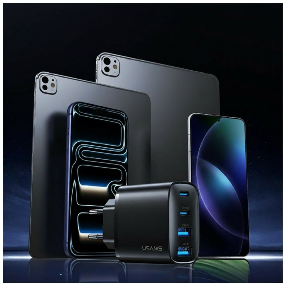 Laidinis įkroviklis USAMS T70 40W 2xUSB-A/2xUSB-C juodos spalvos aprašymas - Prekės nuotrauka Laidinis įkroviklis USAMS T70 40W 2xUSB-A/2xUSB-C juodos spalvos aprašymas - Prekės nuotrauka