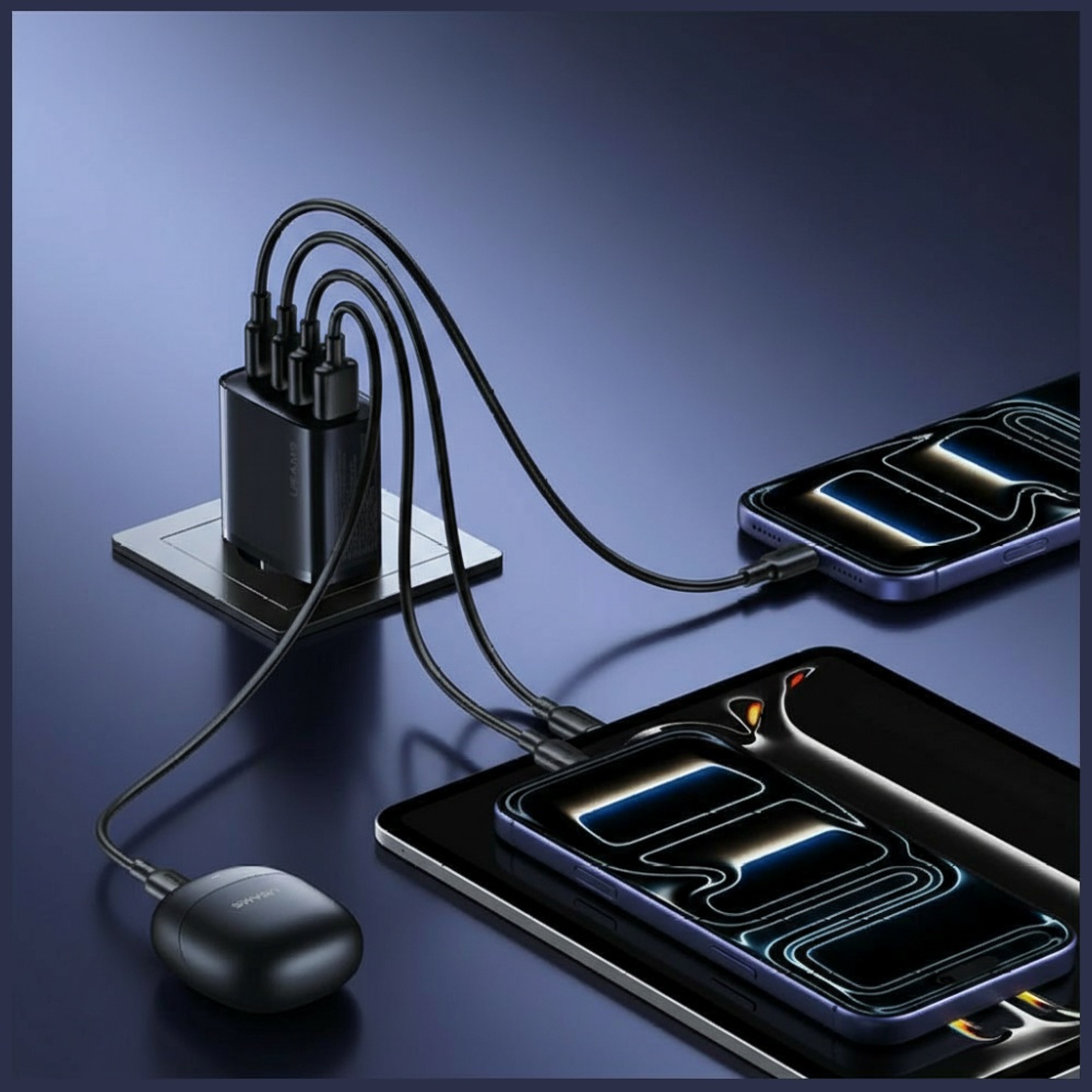 Laidinis įkroviklis USAMS T70 40W 2xUSB-A/2xUSB-C juodos spalvos aprašymas - Prekės nuotrauka Laidinis įkroviklis USAMS T70 40W 2xUSB-A/2xUSB-C juodos spalvos aprašymas - Prekės nuotrauka