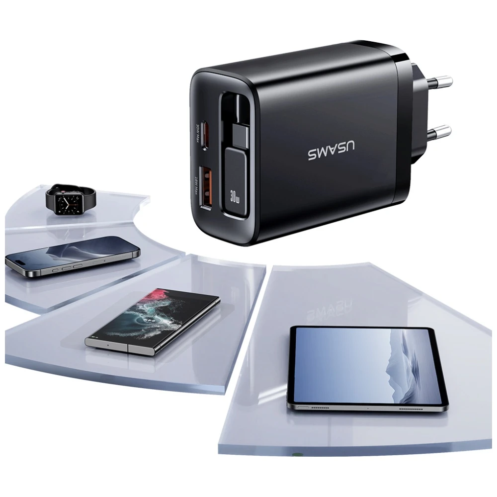 Laidinis įkroviklis USAMS Xiang Series CC296 30W 1xUSB-C 1xUSB-A + USB-C kabelis baltos spalvos aprašymas - Prekės nuotrauka Laidinis įkroviklis USAMS Xiang Series CC296 30W 1xUSB-C 1xUSB-A + USB-C kabelis baltos spalvos aprašymas - Prekės nuotrauka