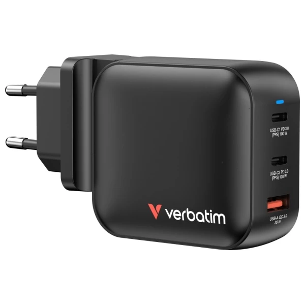 Laidinis įkroviklis Verbatim Mini GaN 100W 2xUSB-C PD/1x USB-A QC juodos spalvos 32230 aprašymas - Prekės nuotrauka