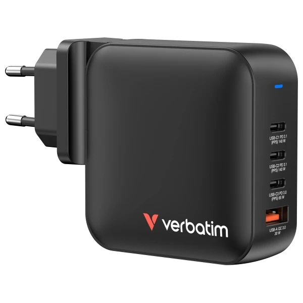 Laidinis įkroviklis Verbatim Mini GaN 165W 3xUSB-C PD/1x USB-A QC juodos spalvos 32216 aprašymas - Prekės nuotrauka Laidinis įkroviklis Verbatim Mini GaN 165W 3xUSB-C PD/1x USB-A QC juodos spalvos 32216 aprašymas - Prekės nuotrauka