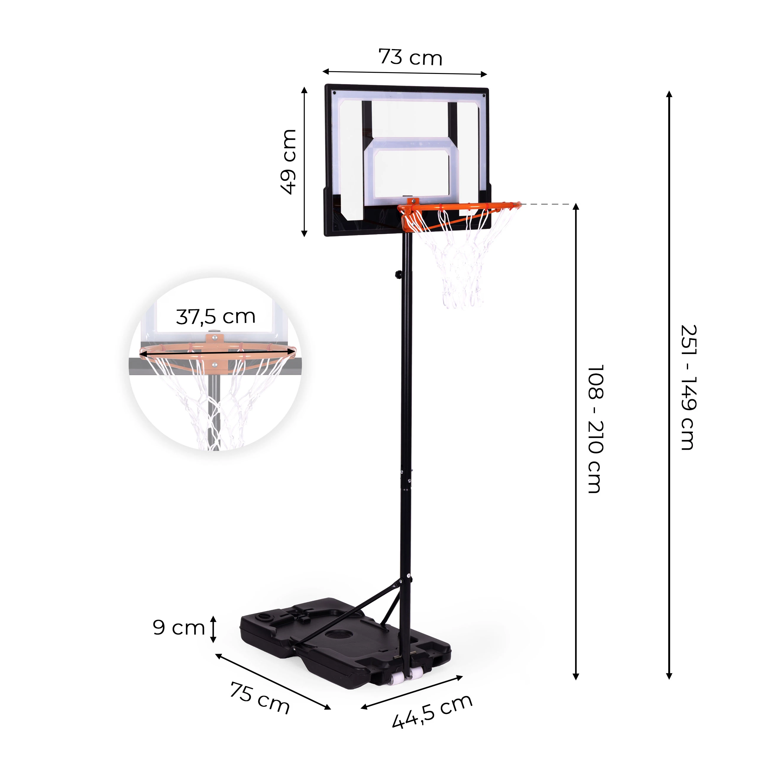 Laisvai pastatomas reguliuojamas krepšinio stovas iki 210 cm su lenta ir lanku MOVEPRO aprašymas - Prekės nuotrauka