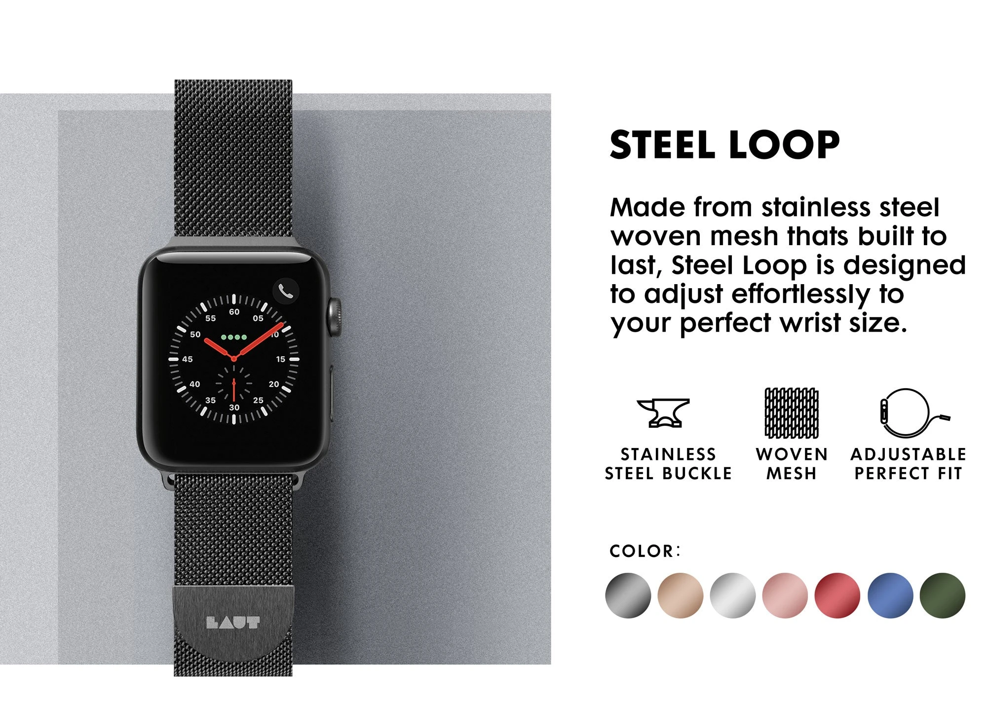„Laut“ plieninė kilpa „Apple Watch 38/40/41mm“, sidabrinis aprašymas - Prekės nuotrauka