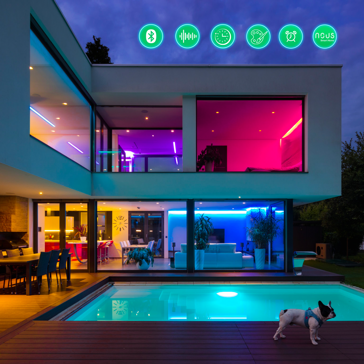 LED juostos komplektas su Bluetooth valdikliu ir maitinimo šaltiniu, RGB, 5m, 24W, TUYA / Smart Life, NOUS aprašymas - Prekės nuotrauka