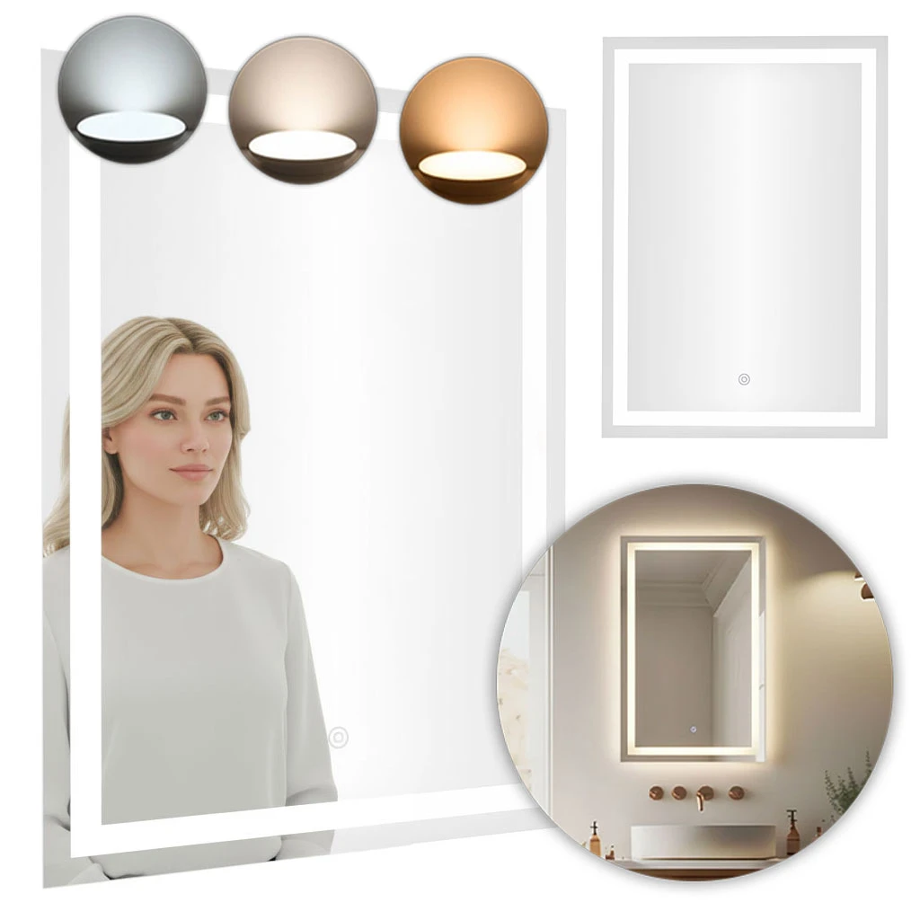 LED vonios veidrodis, montuojamas ant sienos, 50×70 cm, 3 spalvų, jutiklinis jungiklis, ModernHome aprašymas - Prekės nuotrauka